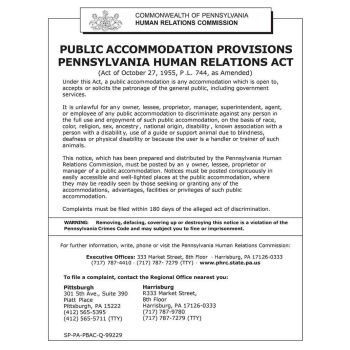 Pennsylvania Public Accommodations Provisions of the Pennsylvania Human Relations Act Poster